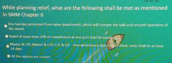 While planning relief, what are the following shall be met as mentioned in SMM Chapter 6 Any two key personnel from same department ,