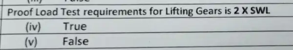 Proof Load Test requirements for Lifting Gears is 2 times SWL (iv) True (v) False