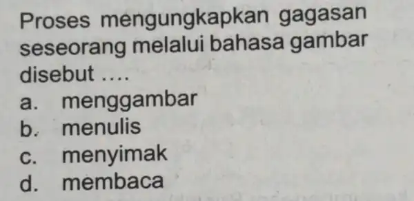 Proses mengungkapkar gagasan seseorang melalui bahasa gambar disebut __ a . menggambar b menulis C . menyimak d . membaca