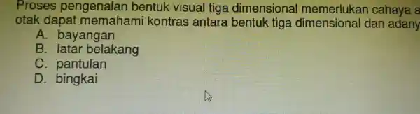 Proses pengenalan b entuk haya a otalk dapat memahami kontras ar bentuk tiga dir nensional dan adalah B. latar belakang C. pantulan D. bingkai