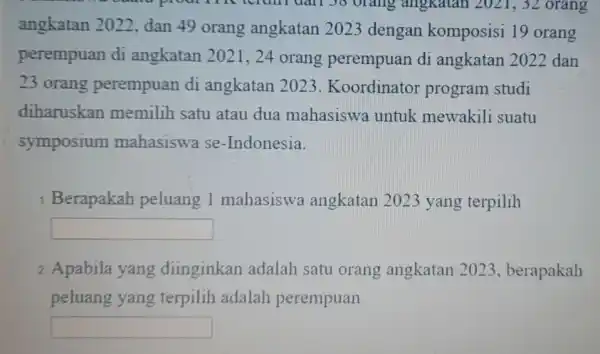 prou orang angkatan . 2021, 32 orang angkatan 2022, dan 49 orang angkatan 2023 dengan komposisi 19 orang perempuan di angkatan 2021, 24 orang