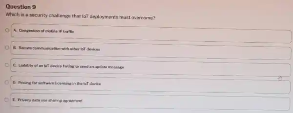 Question 9 Which is a security challenge that loT deployments must overcome? A. Congestion of mobile IP traffic o B. Secure communication with other