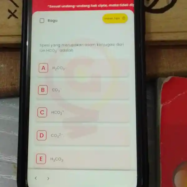 Ragu Spesi yang merupakan asam konjugasi dari ion HCO_(3) adalah A H_(2)CO_(3) B CO_(3)^- C HCO_(3)^+ D CO_(3)^2- D E H_(3)CO_(3). E
