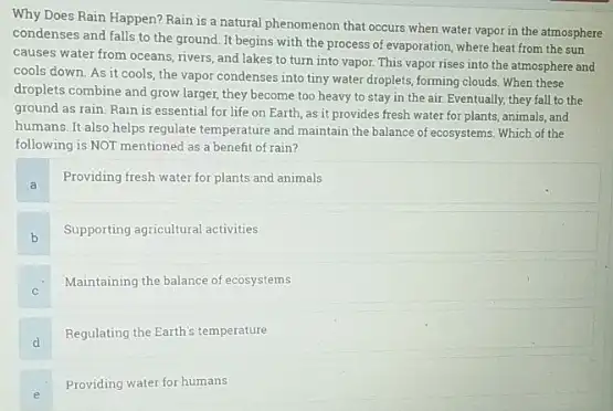 Why Does Rain Happen?Rain is a natural phenomenon that occurs when water vapor in the atmosphere condenses and falls to the ground. It begins