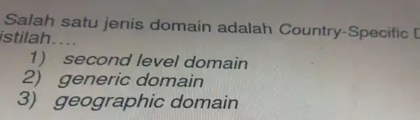 Salah satu jenis dome in adalah Country-Specific I istilah __ 1) seconc I level domain 2) generic domain 3) geographic domain