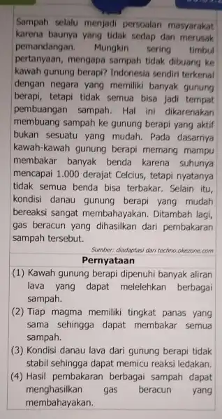 Sampah selalu menjadi persoalan masyarakat karena baunya yang tidak sedap dan merusak pemandangan Mungkin sering timbul pertanyaan mengapa sampah tidak dibuang ke kawah gunung