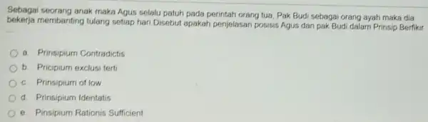 Sebagai seorang anak maka Agus selalu patuh pada perintah orang tua . Pak Budi sebaga orang ayah maka dia bekerja membanting tulang setiap hari