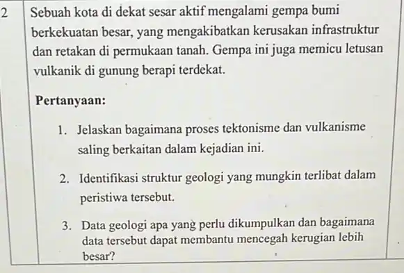 Sebuah kota di dekat sesar aktif mengalami gempa bumi berkekuatan besar, yang mengakibatkan kerusakan infrastruktur dan retakan di permukaan tanah. Gempa ini juga memicu