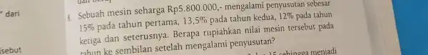 Sebuah mesin seharga Rp5 .800.000 - mengalami penyusutan sebesar 15% pada tahun pertama, 13,5% pada tahun kedua. 12% pada tahun ketiga dan seterusnya .