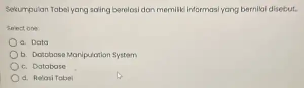 Sekumpulan Tabel yang saling berelasi dan memiliki informasi yang bernilai disebut.. Select one: a. Data b. Database Manipulation System c. Database d. Relasi Tabel