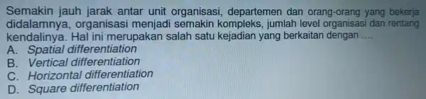 Semakin jauh jarak antar unit organisas , departemen dan orang-orang yang bekerja didalamn ya, organisasi menjad semakin kompletes, jumlah lenel organisasi dan rentang kendalinya.Hal