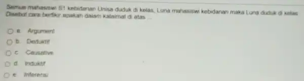 Semue mahasisw S1 kebidanan Unisa duduk di kelas, Luna mahasisw kebidanan maka Luna duduk di kelas Disebut care berfikir apakah dalam kalaimat di atas