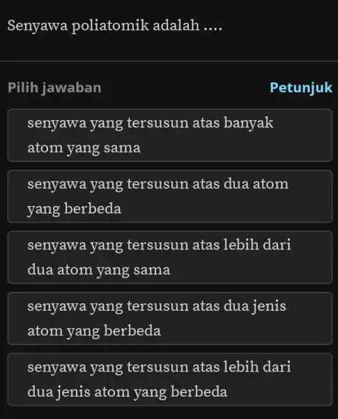 Senyawa poliatomik adalah __ Pilih jawaban Petunjuk senyawa yang tersusun atas banyak atom yang sama senyawa yang tersusun atas dua atom yang berbeda senyawa