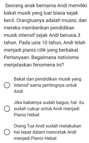 Seorang anak bernama Andi memiliki bakat musik yang luar biasa sejak kecil . Orangtuanya adalah musisi dan mereka memberikar pendidikan musik intensif sejak Andi