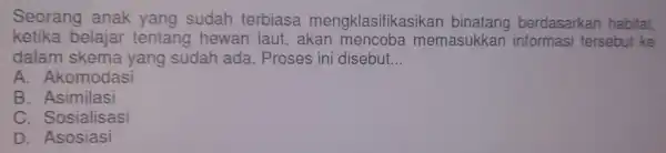 Seorang anak yang sudah t erbiasa mengklasif kasikan binatang berdasarkan habitat informas tersebut ke dalam skema lang sudan ada proses ini disebut __ A.