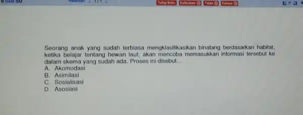 Seorang anak yang sudah terbiasa mengklas ifikasikan bordasarkan habitat, ketika belajar tentang howan laut, akan mencoba memasukkan informasi tersebut ke dalam skoma yang sudah