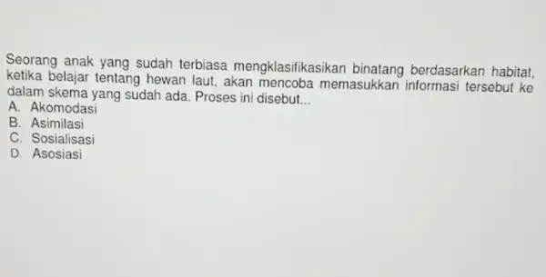 Seorang anak yang sudah terbiasa mengklasifikasi berdasarkan habitat. ketika belajar tentang hewan laut akan mencoba memasukkan informasi tersebut ke dalam skema yang sudah ada.