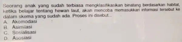 Seorang anak yang sudah terbiasa mengklasifikasikar berdasarkan habitat, ketika belajar tentang hewan laut,akan mencoba memasukkan informasi tersebut ke dalam skema yang sudar ada. Proses