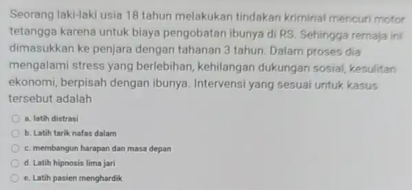 Seorang laki-laki usia 18 tahun melakukan tindakan kriminal mencuri motor tetangga karena untuk biaya pengobatan ibunya di RS. Sehingga remaja ini dimasukkan ke penjara