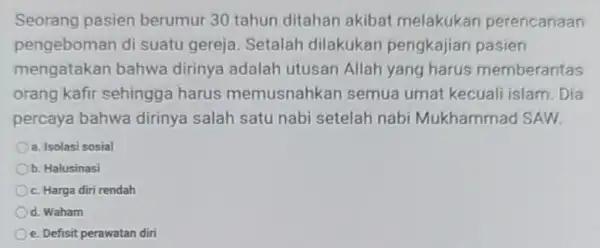 Seorang pasien berumur 30 tahun ditahan akibat melakukan perencanaan pengeboman di suatu gereja. Setalah dilakukan pengkajian pasien mengatakan bahwa dirinya adalah utusan Allah yang