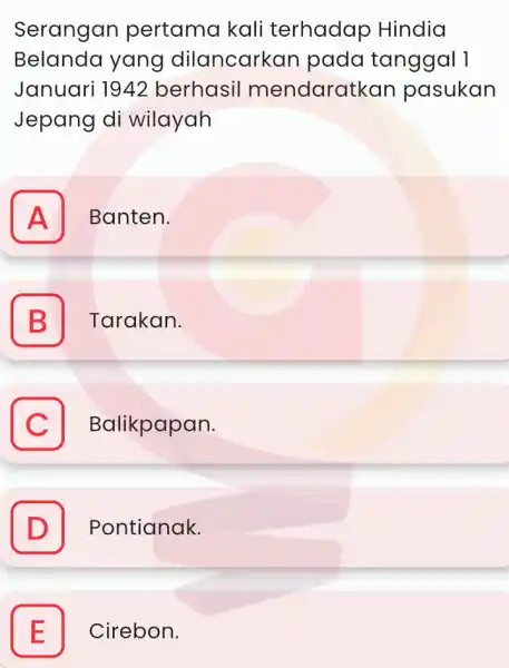 Serangan pertama kali terhadap Hindia Belanda yang dilancarkan pada tanggal 1 Januari 1942 berhasil mendaratkan pasukan Jepang di wilayah A Banten. B Tarakan. C