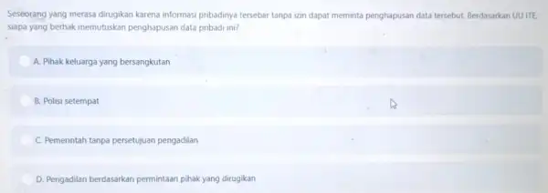 Seseorang yang merasa dirugikan karena informasi pribadinya tersebar tanpa izin dapat meminta penghapusan data tersebut. Berdasarkan UU ITE, siapa yang berhak memutuskan penghapusan data