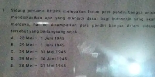 Sidang pertama BPUPK merupakan forum para pendiri bangsa untuk mendiskusikan ap a yang menjadi dasar bagi Indonesia yang merdeka, hat-an disampaikan para pendiri bangsa