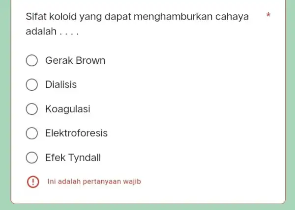 Sifat koloid yang dapat menghamburkan cahaya adalah __ Gerak Brown Dialisis Koagulasi Elektroforesis Efek Tyndall Ini adalah pertanyaan wajib