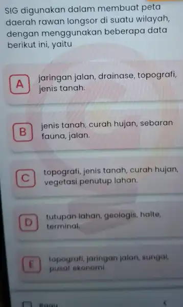 SIG digunakan dalam membuat peta daerah rawan lonasor di suatu wilayah, dengan menggunakan beberapa data berikut ini yaitu A jaringan jalan drainase , topografi,