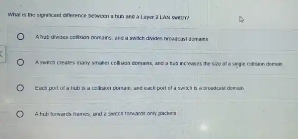 What is the significant difference between a hub and a Layer 2 LAN switch? A hub divides collision domains, and a switch divides broadcast