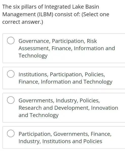 The six pillars of Integrated I Lake Basin Management (ILBM)consist of (Select one correct answer.) Governance , Participation . Risk Assessment .Finance , Informatior