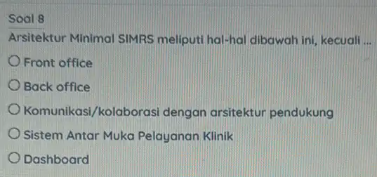 Soal 8 Arsitektur Minimal SIMRS meliputi hal-hal dibawah ini, kecuali Front office Back office Komunikasi/kolaborasi dengan arsitektu pendukung Sistem Antar Muka Pelayanan Klinik Dashboard