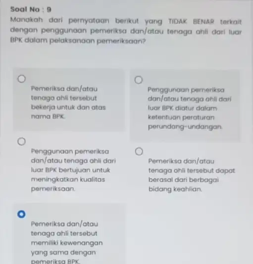 Soal No: 9 Manakah dari pernyataan berikut yang TIDAK BENAR terkait dengan penggunaan pemeriksa dan/atau tenaga ahli dari luar BPK dalam pelaksanaan pemeriksaan? Pemeriksa