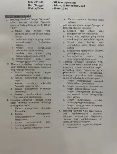 A. SOAL PILIHAN GANDA 1. Apa yang dimaksud dengan "ancaman" dalam konteks ideologi Pancasila menurut Undang-Undang No 20 Tahun 1982? a. Situasi atau kondisi