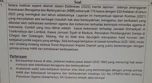 Soal 1. Setara Institute seperti dilansi dalam Detiknews (2023) merilis laporan adanya pelanggaran Kebebasan Beragama dan Berkeyakinan (KBB) sebanyak 175 kasus dengan 333 tindakan