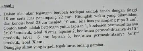 - soal: Dalam alat ukur tegangan berubah terdapat contoh tanah dengan tinggi 18 cm serta luas penampang 22cm^2 Hitunglah waktu yang dibutuhkan dari kondisi