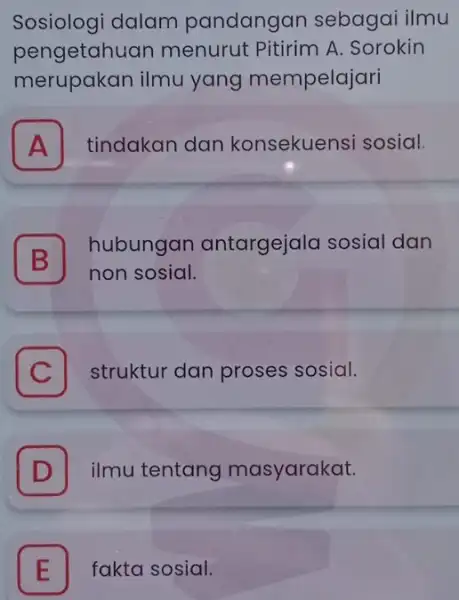 Sosiologi dalam pandangar sebagai ilmu pengetahuar menurut Pitirim A . Sorokin merupakan ilmu yang mempelajari A tindakan dan konsekuensi sosial. A B hubungan antargejala