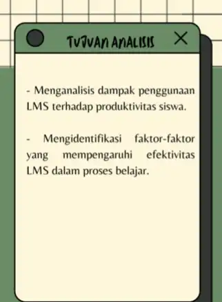 square square square square square square - Menganalisis dampak penggunaan LMS terhadap produktivitas siswa. Mengidentifikasi faktor-faktor yang mempengaruhi efektivitas LMS dalam proses belajar.