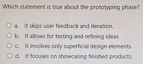 Which statement is true about the prototyping phase? a. It skips user feedback and iteration. b. It allows for testing and refining ideas c.