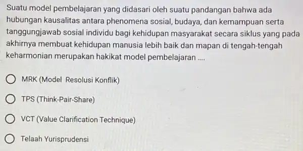 Suatu model pembelajaran yang didasari oleh suatu pandangan bahwa ada hubungan kausalitas antara phenomena sosial budaya, dan kemampuar serta tanggungjawab sosial individu bagi kehidupan