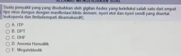 Suatu penyakit yang yang disebabkan oleh gigitan Aedes yang terinfeksi salah satu dari empat tipe virus dengue klinis demam, nyeri otot dan nyeri sendi