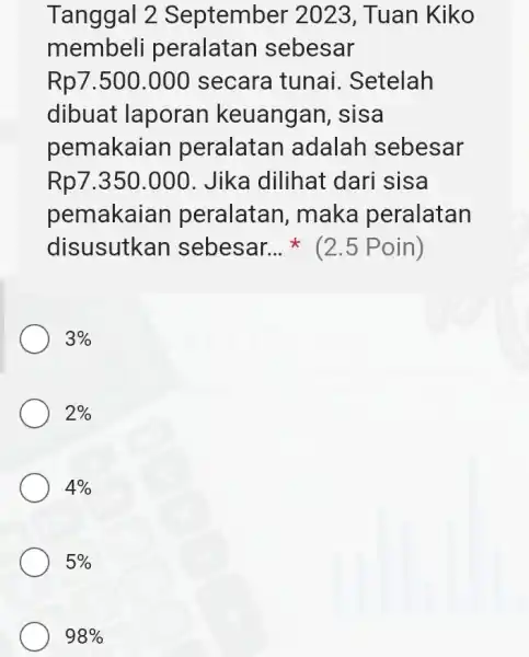 Tanggal 2 September 202:3, Tuan Kiko membeli peralatan sebesar Rp7.500.000 secara tunai . Setelah dibuat laporan keuangan, sisa pemakaian peralatan adalah sebesar Rp7.350.000 .