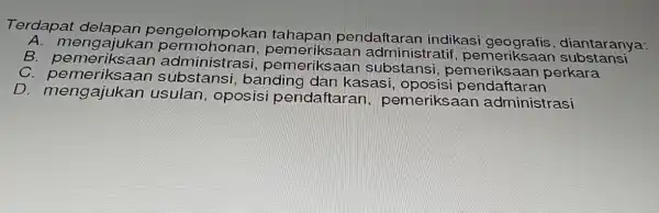 Terdapat delapan pengelompokan tahapan pen dafta ran in dikas i geog rafis. d iantara nya: mengajuk an permoho nan, p emer iksaa in adm