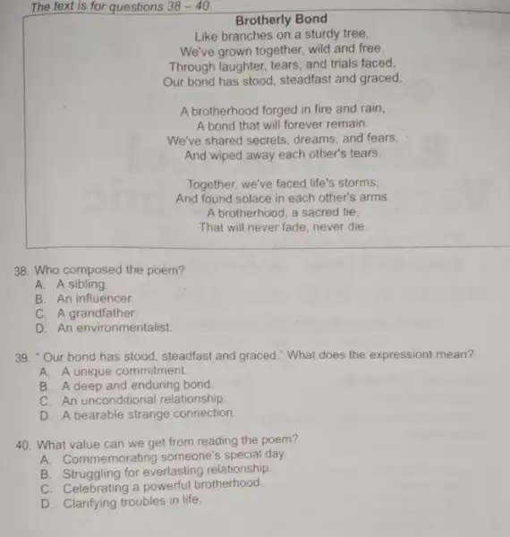 The text is for questions 38-40 Brotherly Bond Like branches on a sturdy tree, We've grown together, wild and free. Through laughter, tears, and