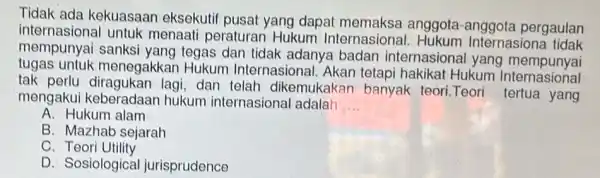 Tidak ada kekuasaan eksekutif pusat yang dapat anggota -anggota pergaulan intornasional untuk menaati peraturan Hukum Internasiona Internasion mempunyai dan tidak adanya badan internasiona I