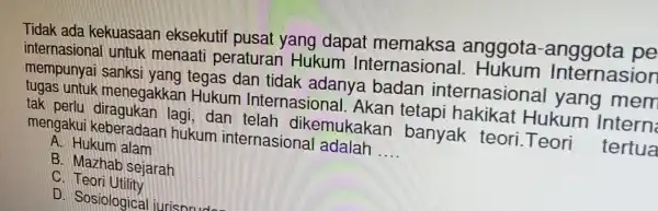 Tidak ada kekuasaan eksekutif pusat yang dapat anggota pe internasiona I untuk menaati peraturan Hukum Internasional Internasion mempunyai tegas dan tidak adanya badan internasion