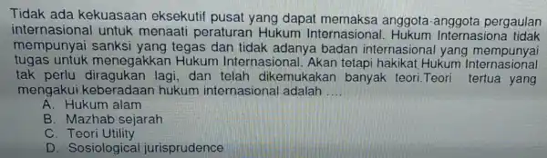 Tidak ada kekuasaan eksekutif pusat yang dapat anggota-anggota pergaulan internasional untuk menaati peraturan Hukum Internasiona Internasion a tidak mempunyai dan tidak adanye badan internasion