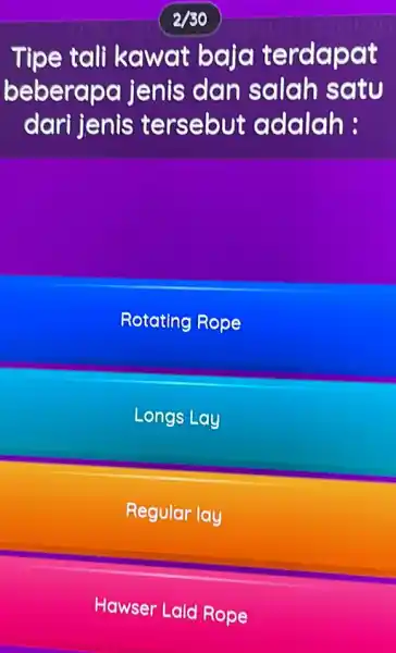 Tipe tall kawat baja terdapat beberape jenis dan salah satu dari jenis tersebut adalah : Rotating Rope Longs Lay Regular lay Hawser Laid Rope