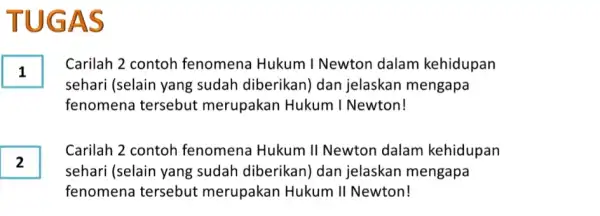 TUGAS . Carilah 2 contoh fenomena Hukum I Newton dalam kehidupan sehari (selain yang sudah diberikan) dan jelaskan mengapa fenomena tersebut merupakan Hukum I