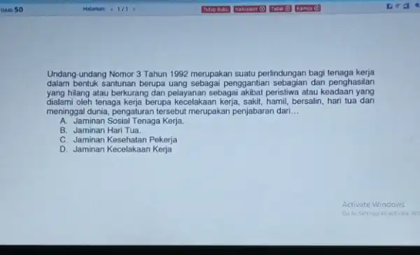 Undang-undang Nomor 3 Tahun 1992 merupakan suatu perlindungan bagi tenaga kerja dalam bentuk santunan berupa uang sebagai penggantian dan penghasilan yang hilang atau berkurang